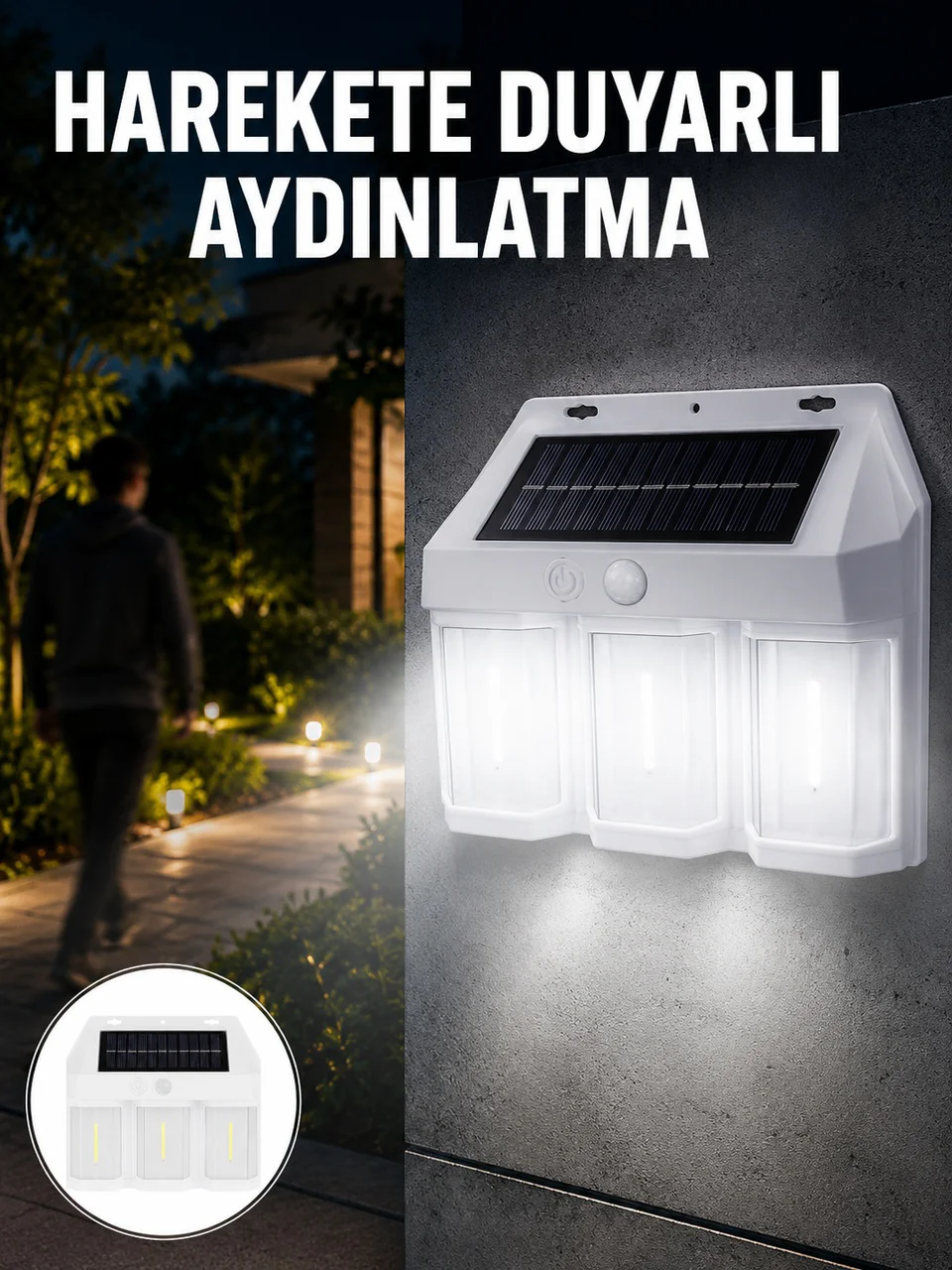 3 İn 1 Solar Duvar Lambası Ip65 Su Geçirmez, Hareket Sensörlü Yeni Nesil - Lisinya
