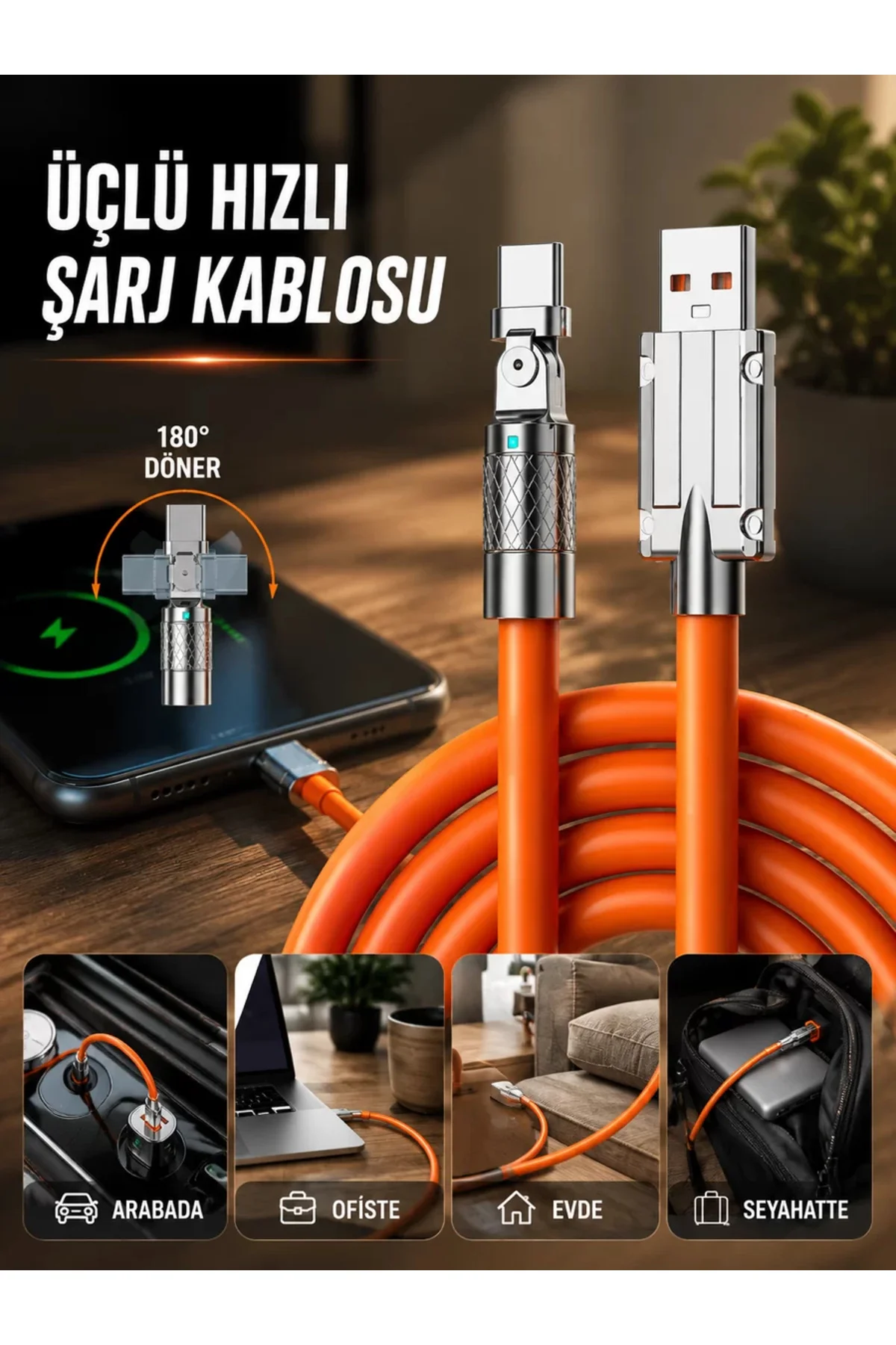 3 İn 1 Süper Hızlı Şarj Kablosu Android ve İOS Uyumlu Silikon Şarj Kablosu