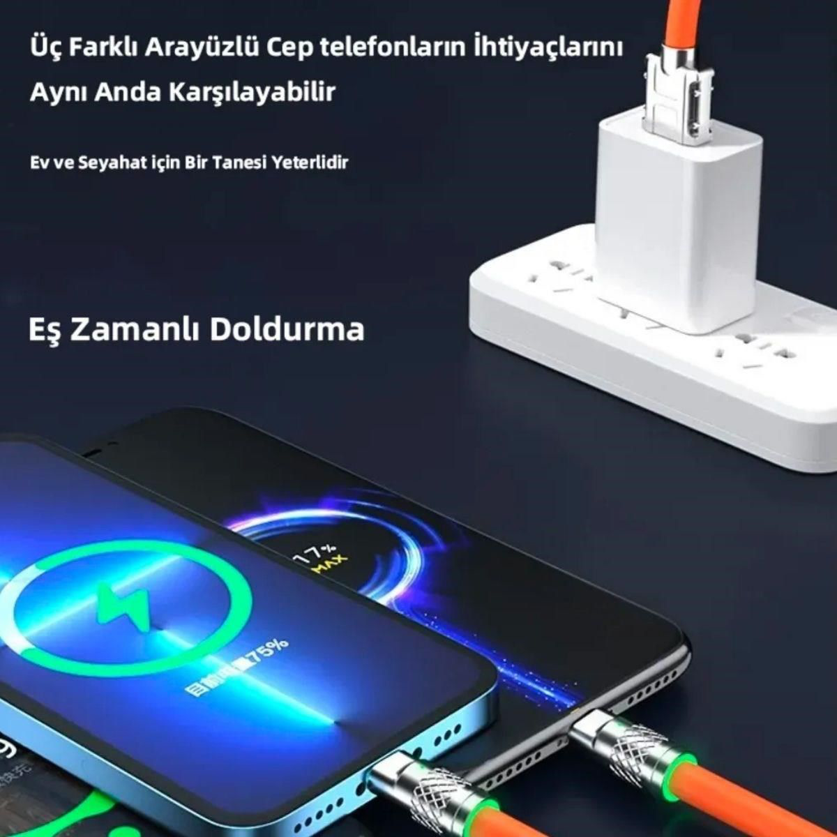 3 in 1 Type-C + Micro Usb + Lightning Hızlı Şarj Kablosu Silikon