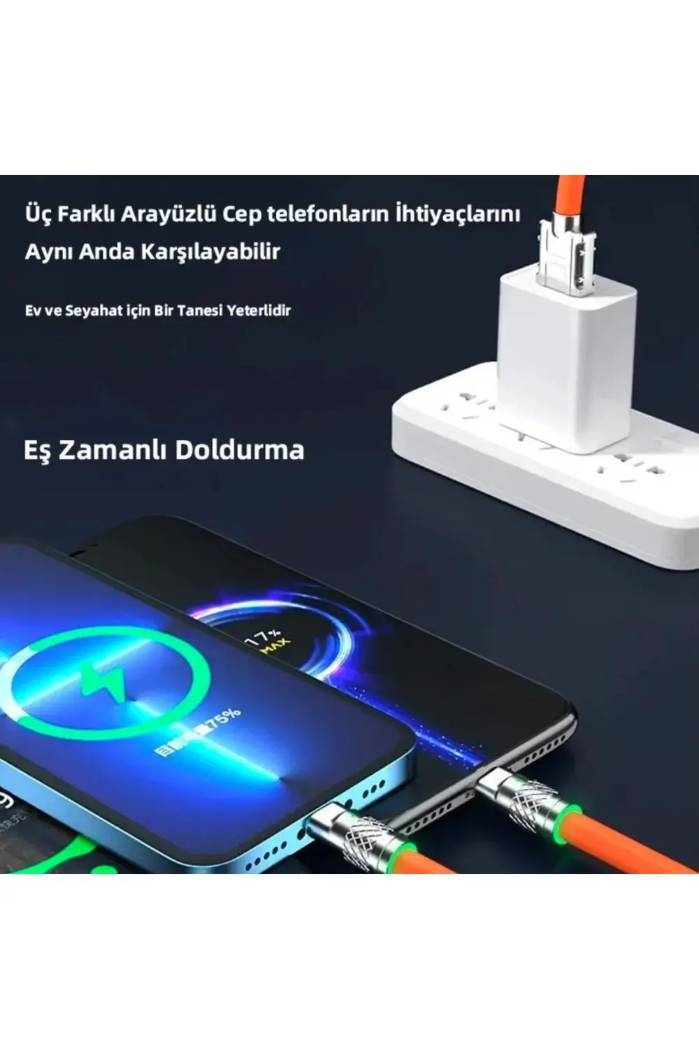 3 in 1 Type-C + Micro Usb + Lightning Hızlı Şarj Kablosu Silikon
