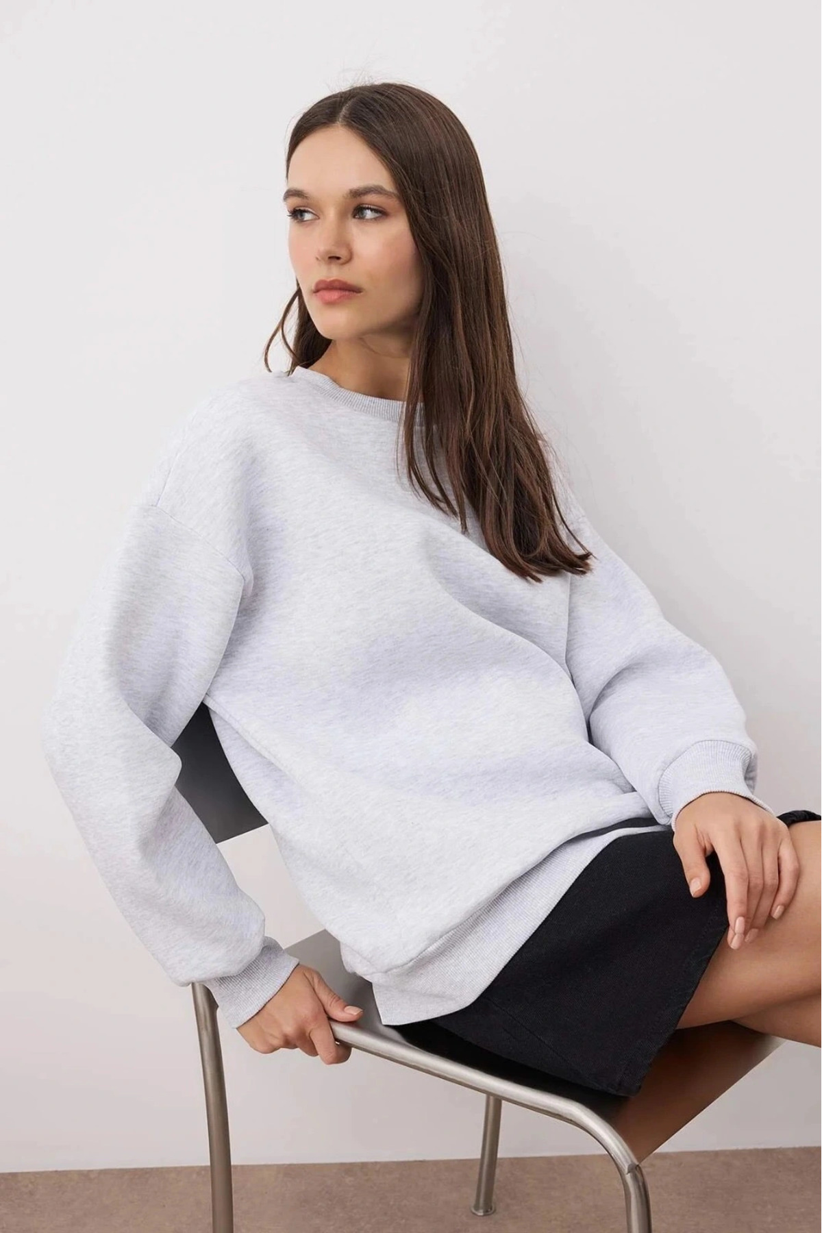 3 iplik şardonlu bisiklet yaka sweatshirt gri