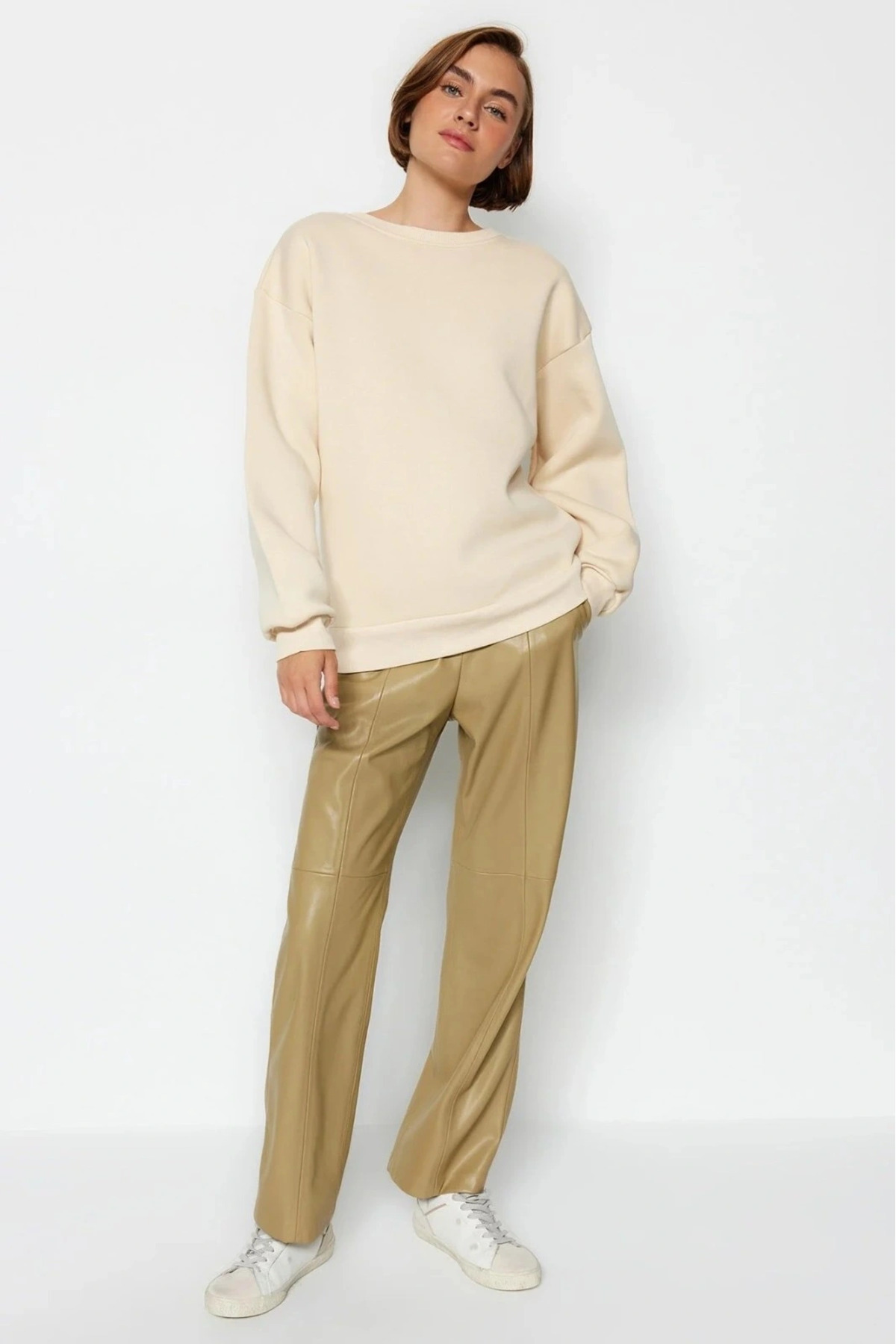 3 iplik şardonlu bisiklet yaka sweatshirt bej