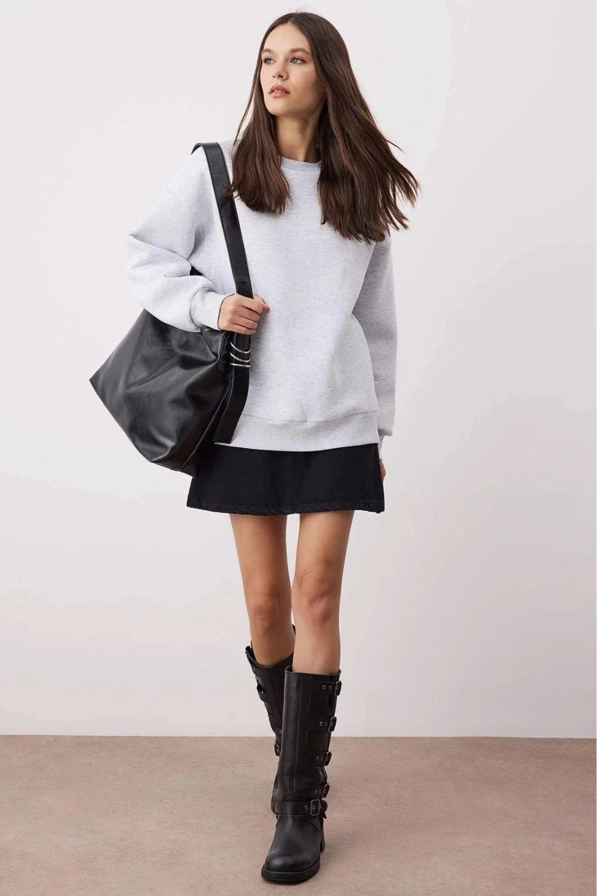 3 iplik şardonlu bisiklet yaka sweatshirt gri