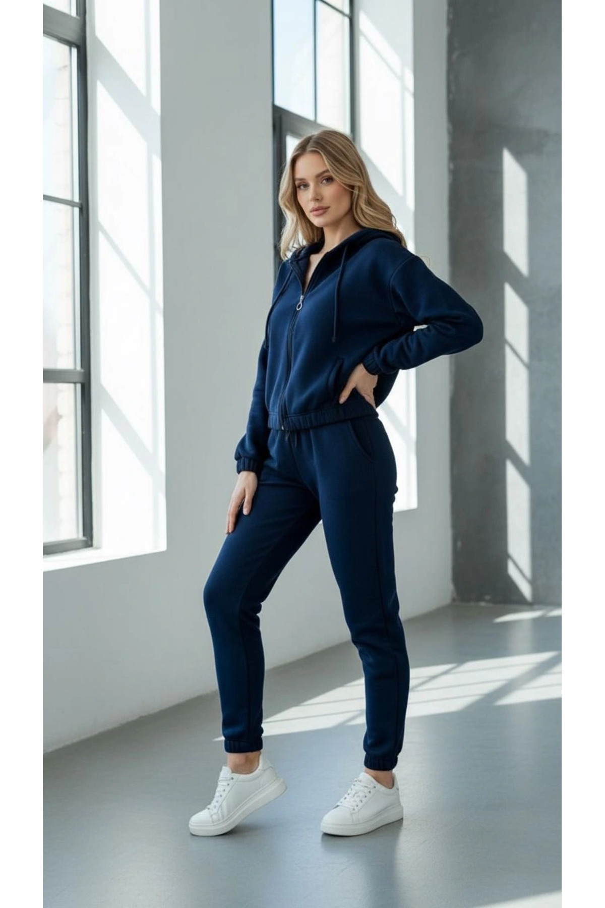 3 iplik şardonlu Kapşonlu fermuarlı kısa üst lacivert pat8590