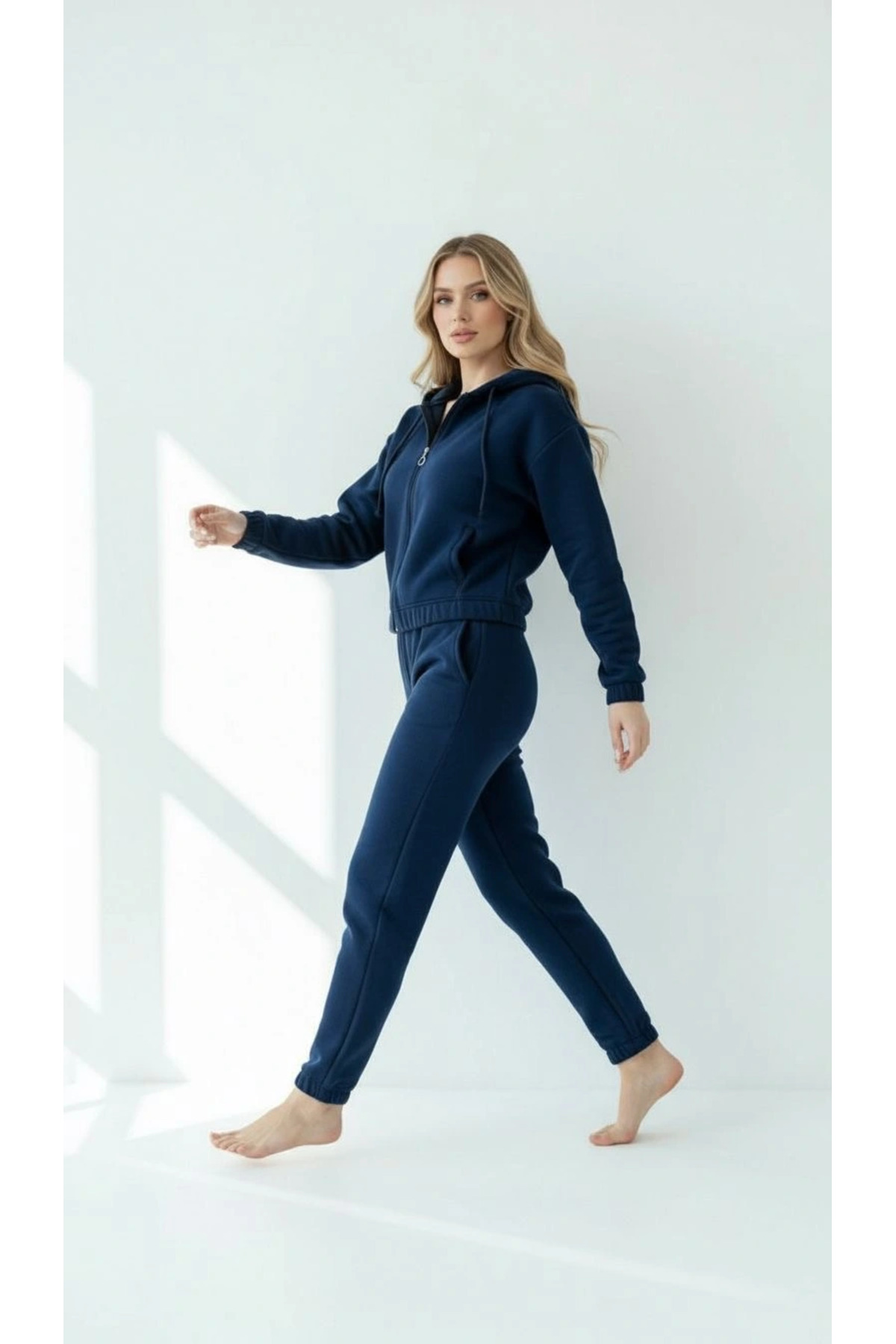 3 iplik şardonlu Kapşonlu fermuarlı kısa üst lacivert pat8590