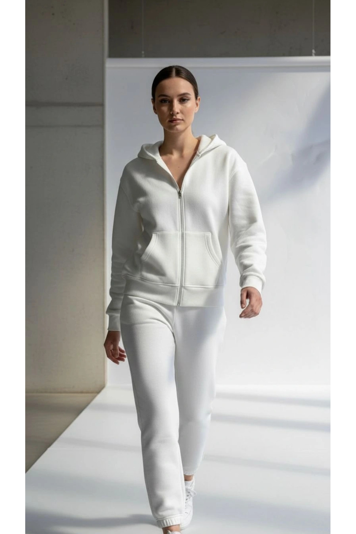 3 iplik şardonlu kapşonlu hoodie frm beyaz p510437