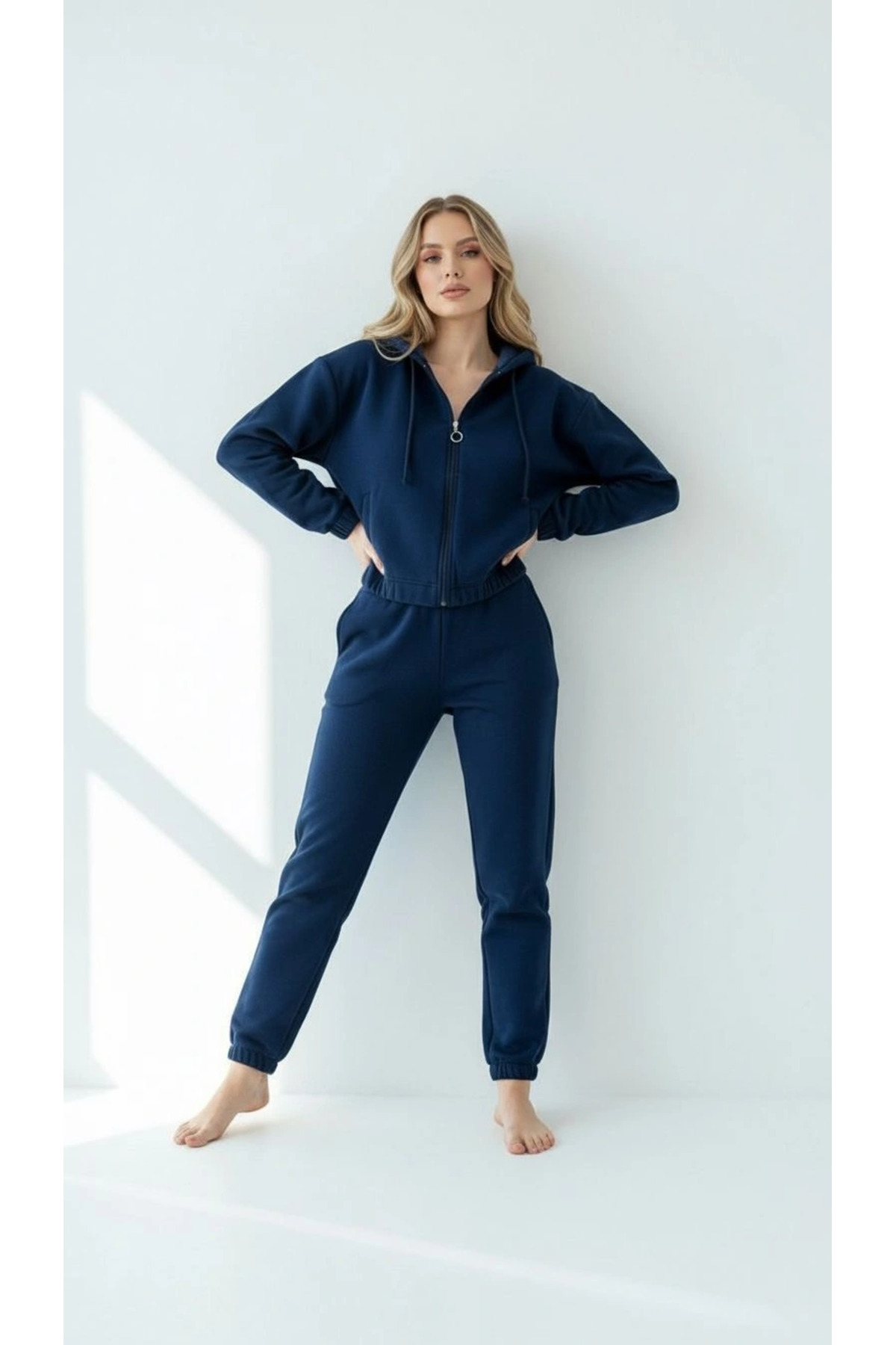 3 iplik şardonlu Kapşonlu fermuarlı kısa üst lacivert pat8590