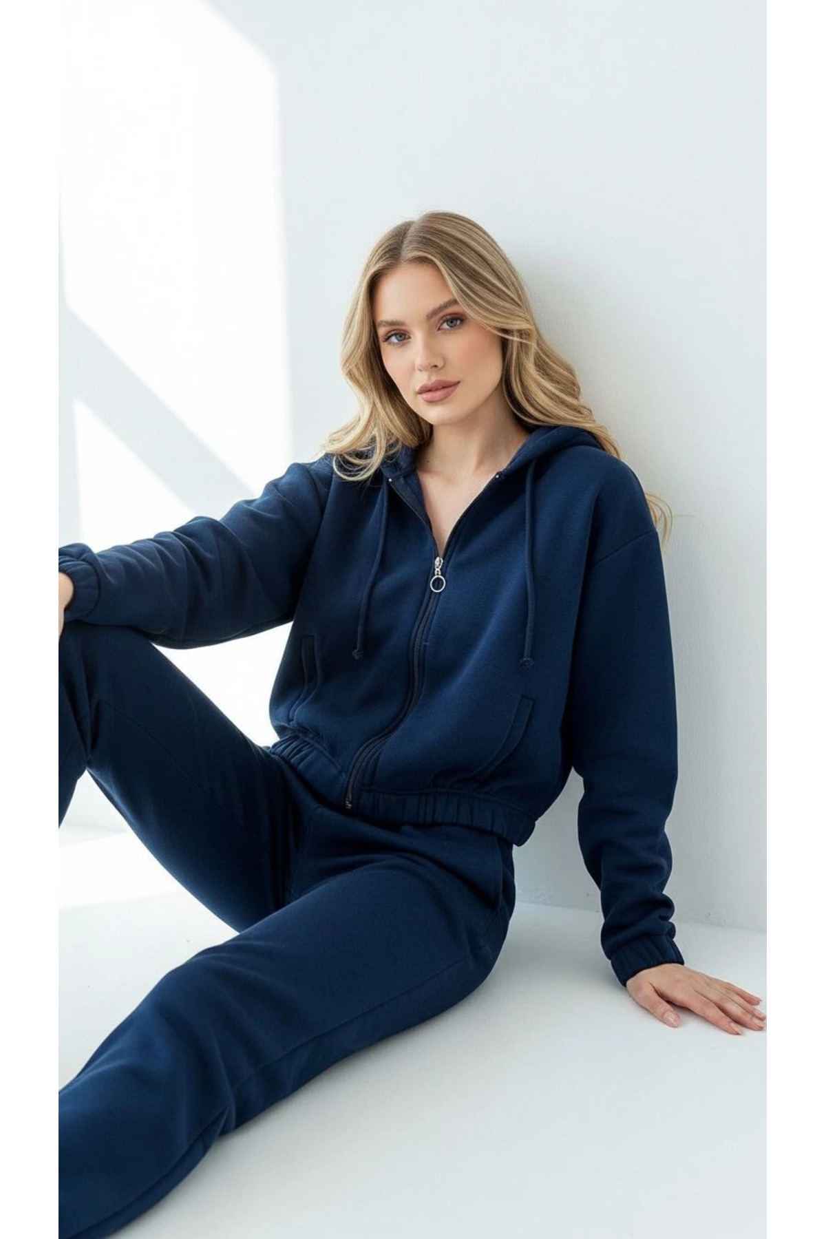 3 iplik şardonlu Kapşonlu fermuarlı kısa üst lacivert pat8590