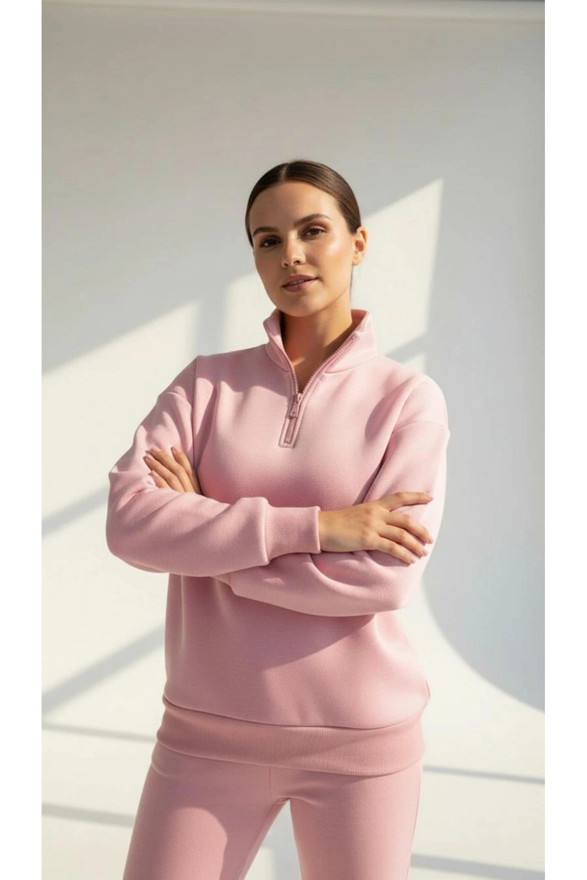 3 iplik Şardonlu yarım fermuarlı sweatshirt somon