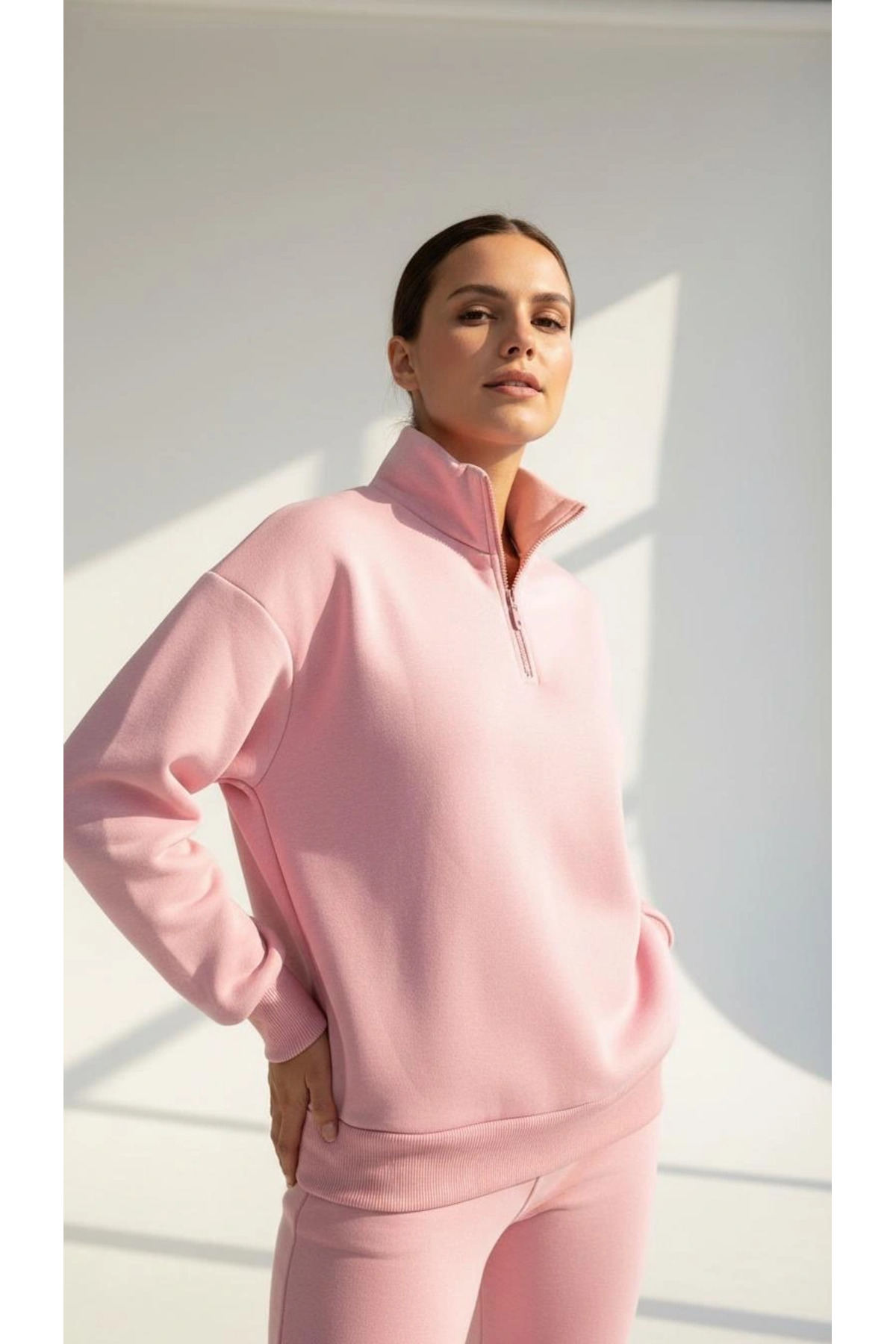 3 iplik Şardonlu yarım fermuarlı sweatshirt somon