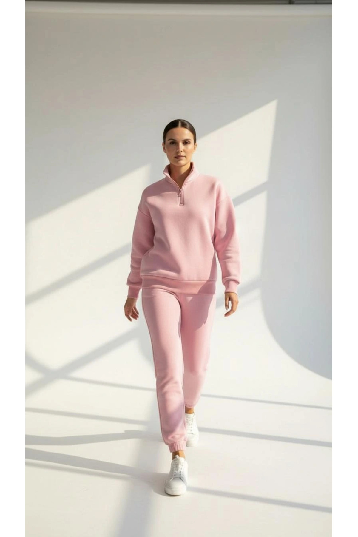 3 iplik Şardonlu yarım fermuarlı sweatshirt somon