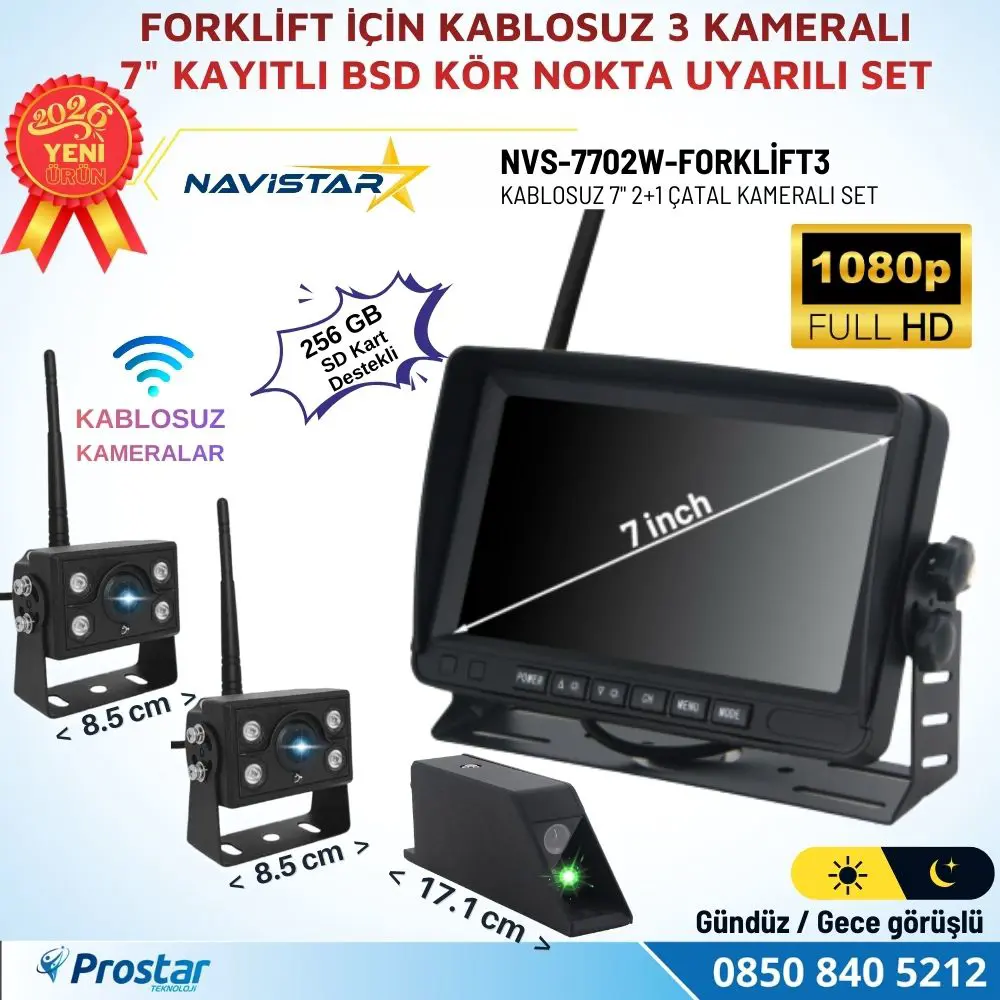 3 Kablosuz Kameralı Forklift Güvenlik Sistemi 7 inç AHD Ekran 2+1