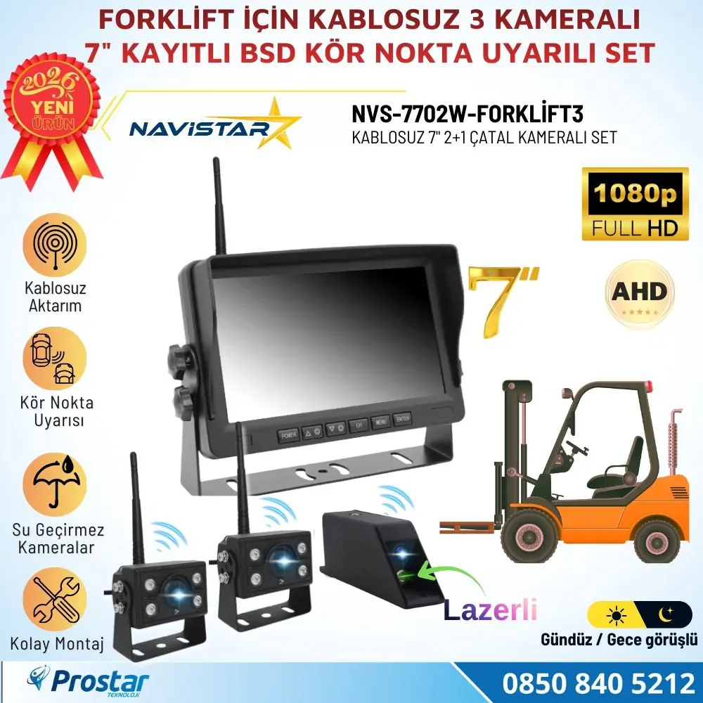 3 Kablosuz Kameralı Forklift Güvenlik Sistemi 7 inç AHD Ekran 2+1