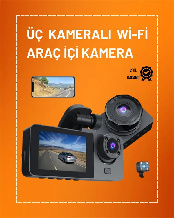 3 Kameralı 1080p Full HD Araç İçi Kamera - 170° Görüş Açısı ve Park Güvenliği