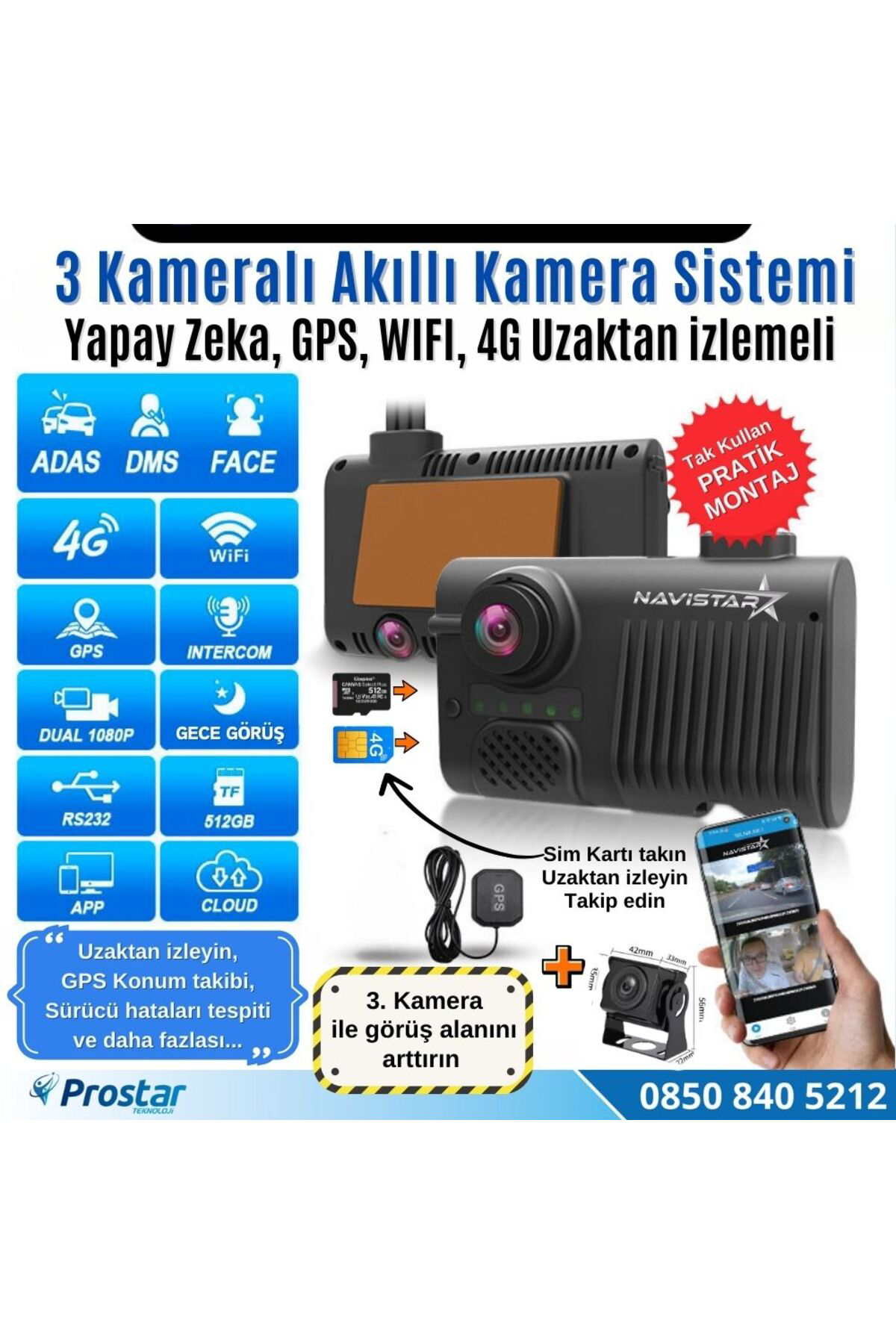 Navistar 3 Kameralı 4G Uzaktan İzlemeli Gps Wifi Yapay Zekalı Akıllı Dashc