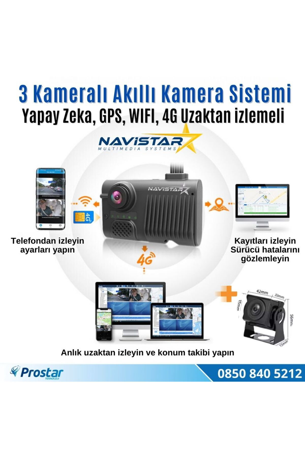 Navistar 3 Kameralı 4G Uzaktan İzlemeli Gps Wifi Yapay Zekalı Akıllı Dashc