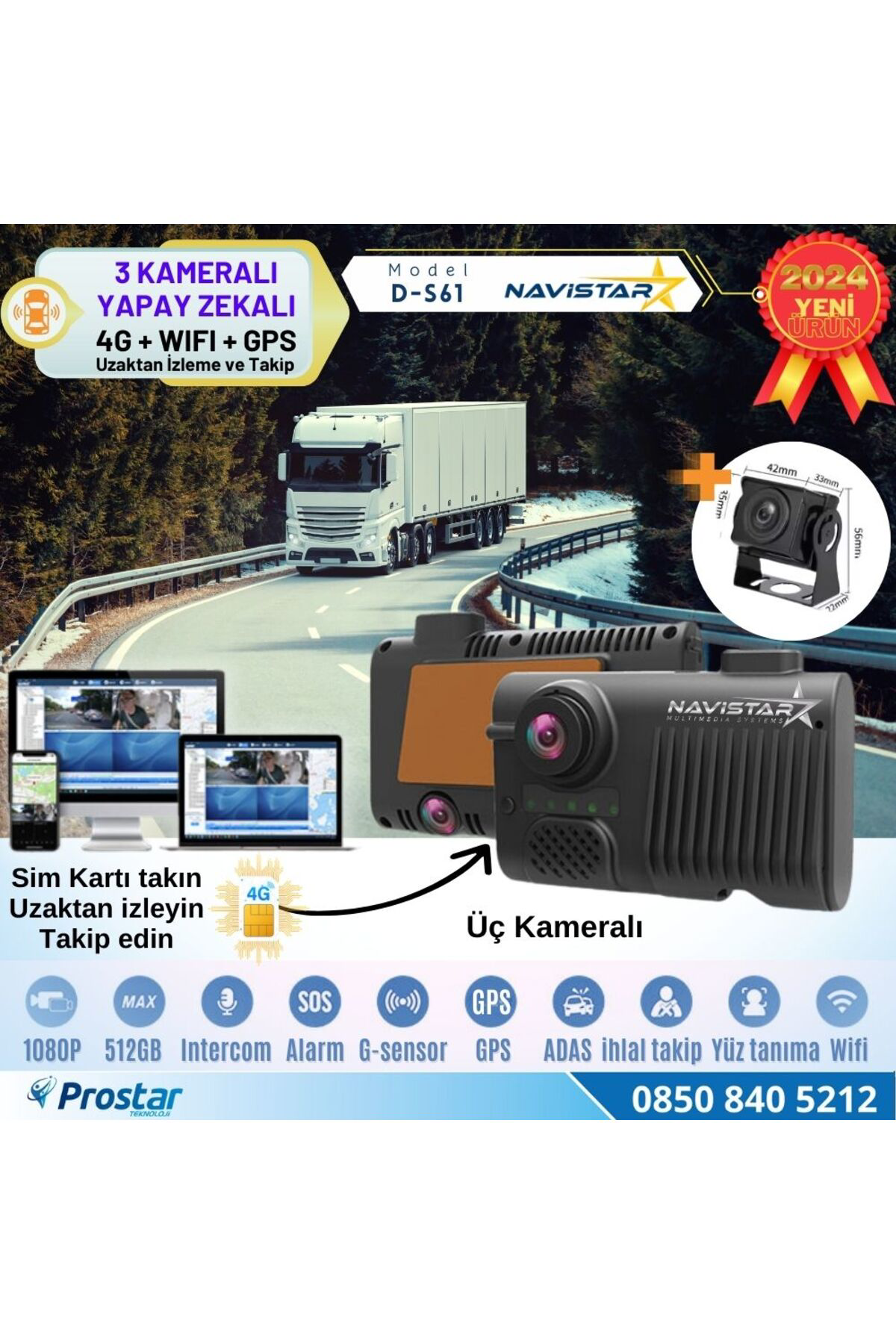 Navistar 3 Kameralı 4G Uzaktan İzlemeli Gps Wifi Yapay Zekalı Akıllı Dashc