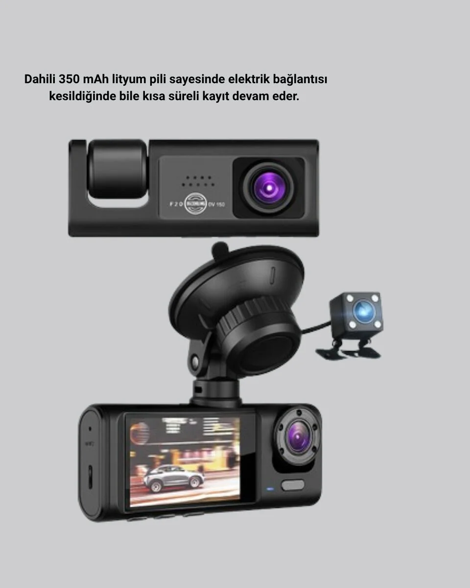 3 Kameralı Araç DVR Full HD Gece Görüşlü Araba Kaydedici Ön Arka İç Kamera - Northcity
