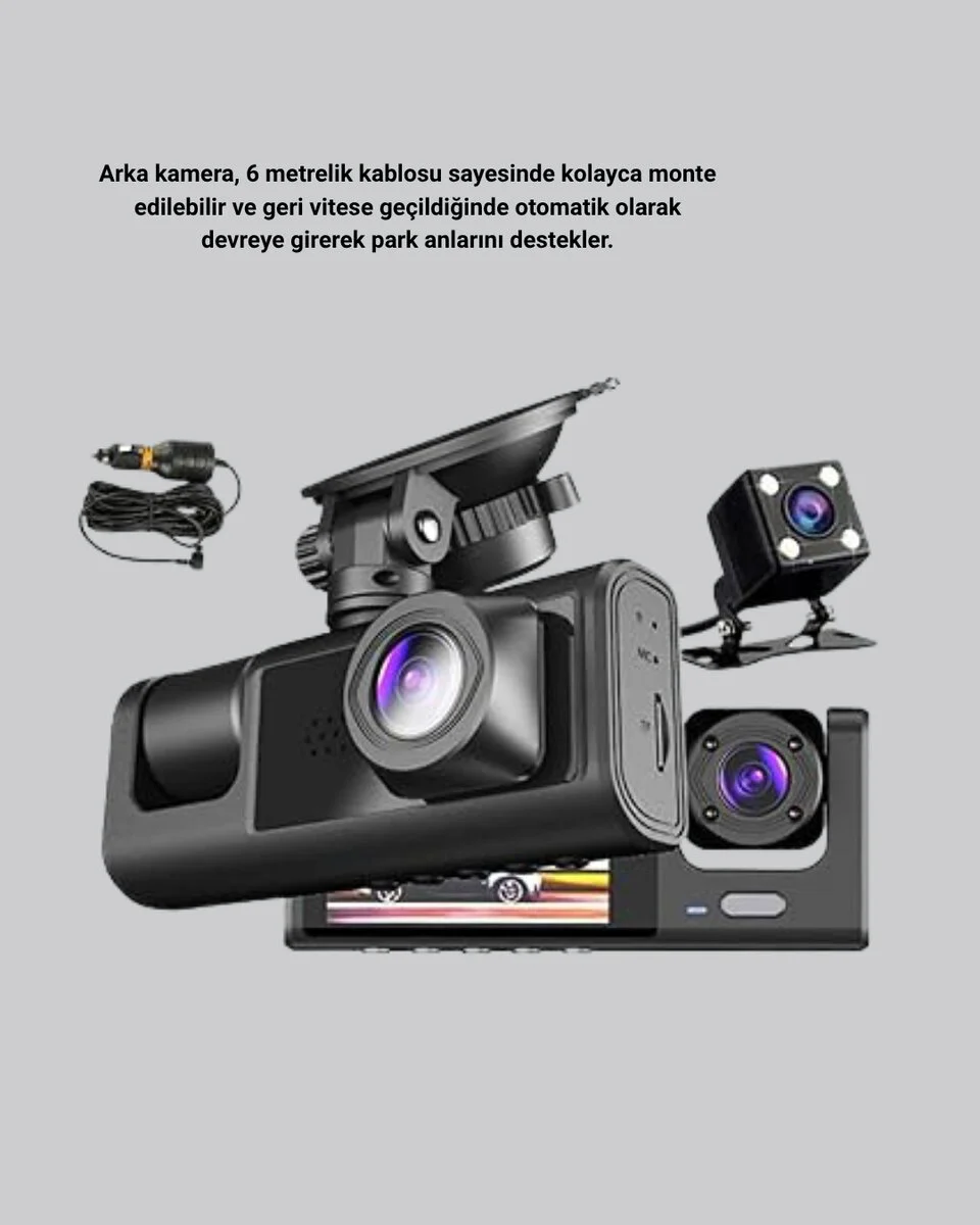 3 Kameralı Araç DVR Full HD Gece Görüşlü Araba Kaydedici Ön Arka İç Kamera - Northcity
