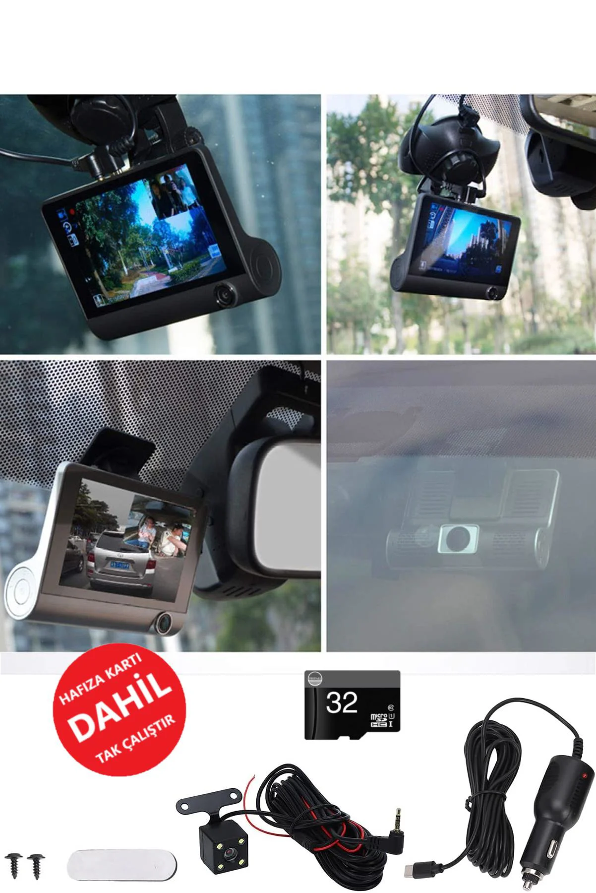 3 Kameralı Araç İç Ön ve Arka Yol Video Kaydedici Sürüş Güvenliği