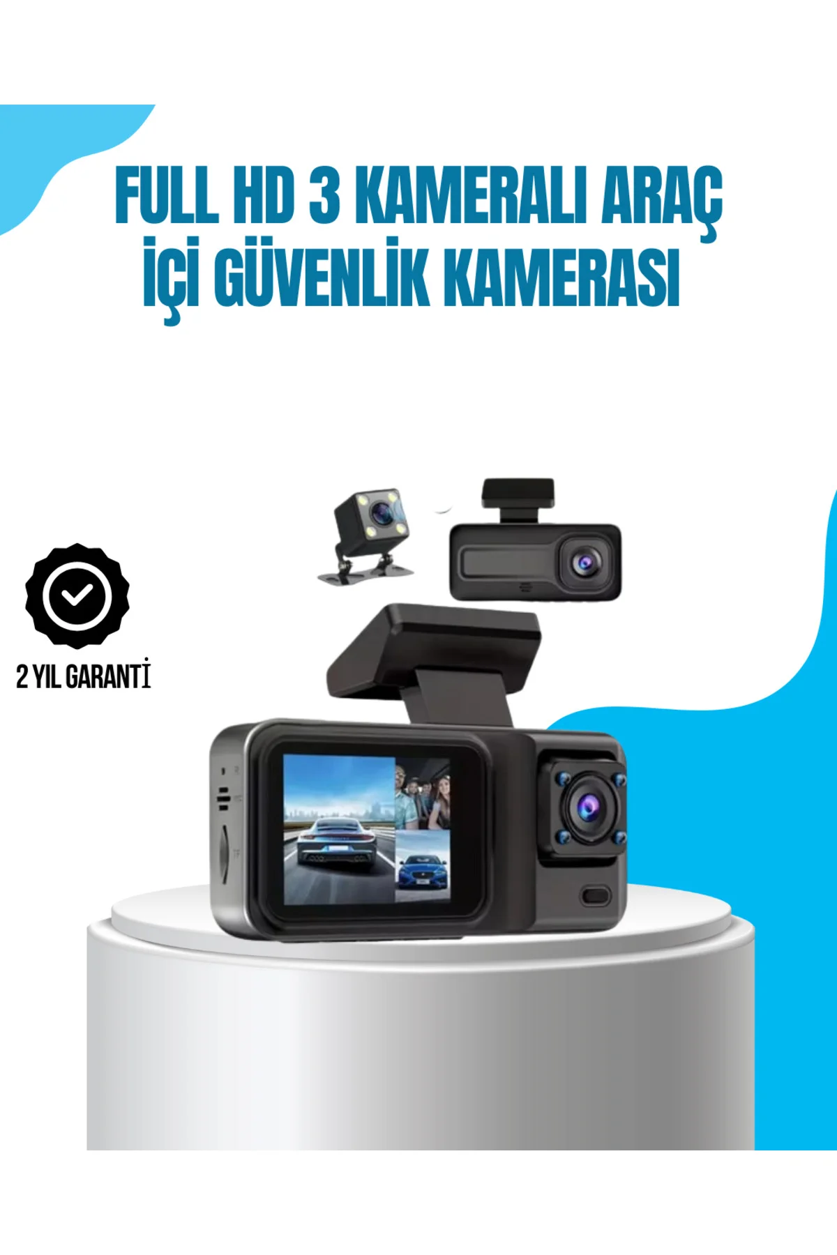 3 Kameralı Araç İçi Kayıt Cihazı 1080P Full HD Gece Görüşlü ve Wi