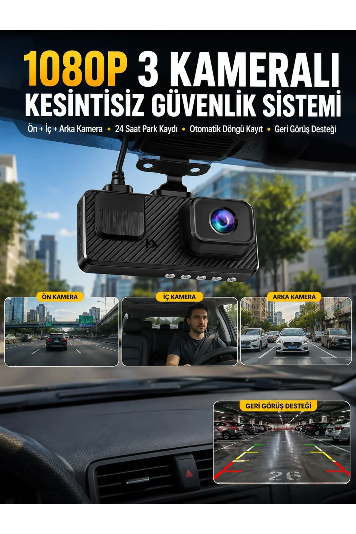 3 Kameralı Araç İçi DVR Kayıt Cihazı Ön İç Arka Kamera Full HD 3 Kameralı Araç İçi DVR Kayıt Cihazı Ön İç Arka Kamera Full HD