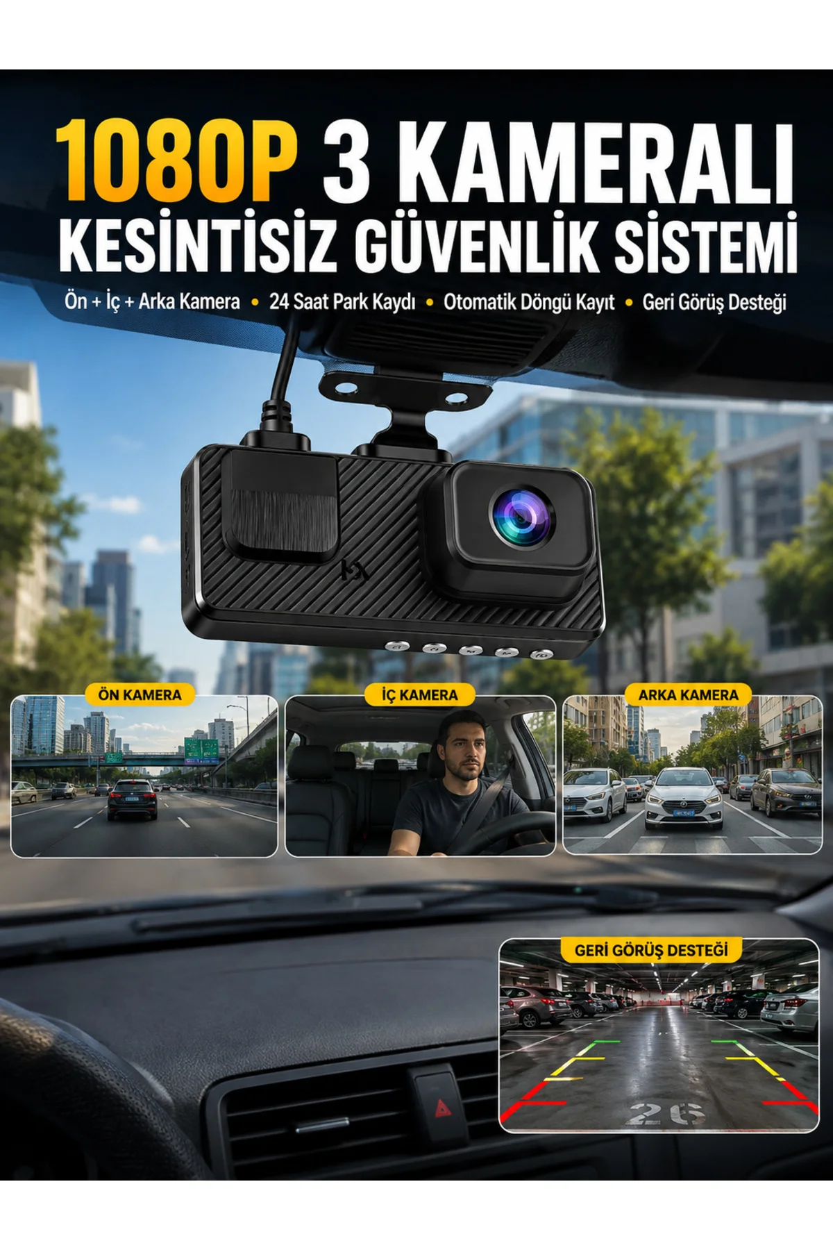 3 Kameralı Araç İçi DVR Kayıt Cihazı Ön İç Arka Kamera Full HD 3 Kameralı Araç İçi DVR Kayıt Cihazı Ön İç Arka Kamera Full HD