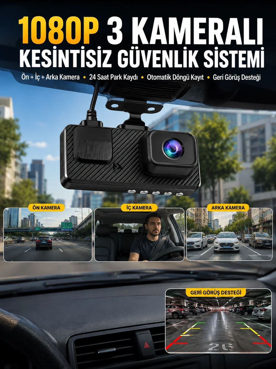 3 Kameralı Araç İçi DVR Kayıt Cihazı  Ön İç Arka Kamera Full HD Fiyatı, Yorumları ve Özellikleri