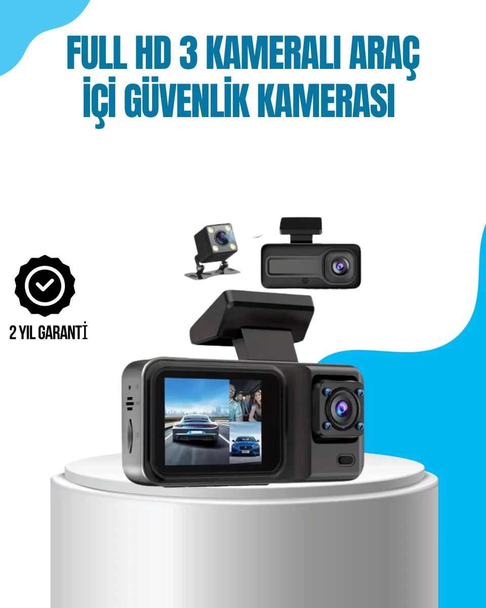 3 Kameralı Araç İçi Kamera 1080P Full HD Wi-Fi ile Gece Görüşlü & Park Güvenliği