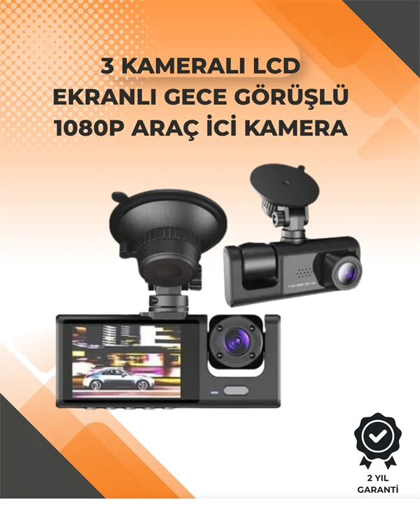 3 Kameralı Dashcam – Geri Görüş Yardımı, Park Koruması ve G-Sensör | 1080p Ön Kamera