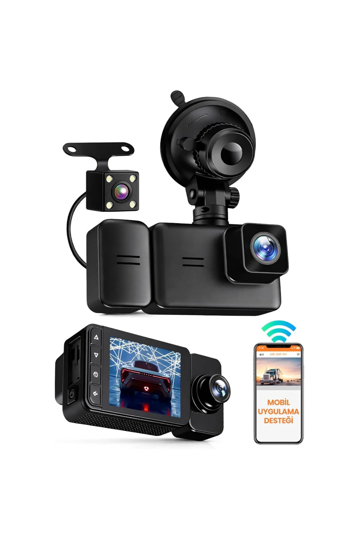 3 Kameralı Wifi Ekran Araç Kamerası FullHD Geniş Ön + Arka + Araç
