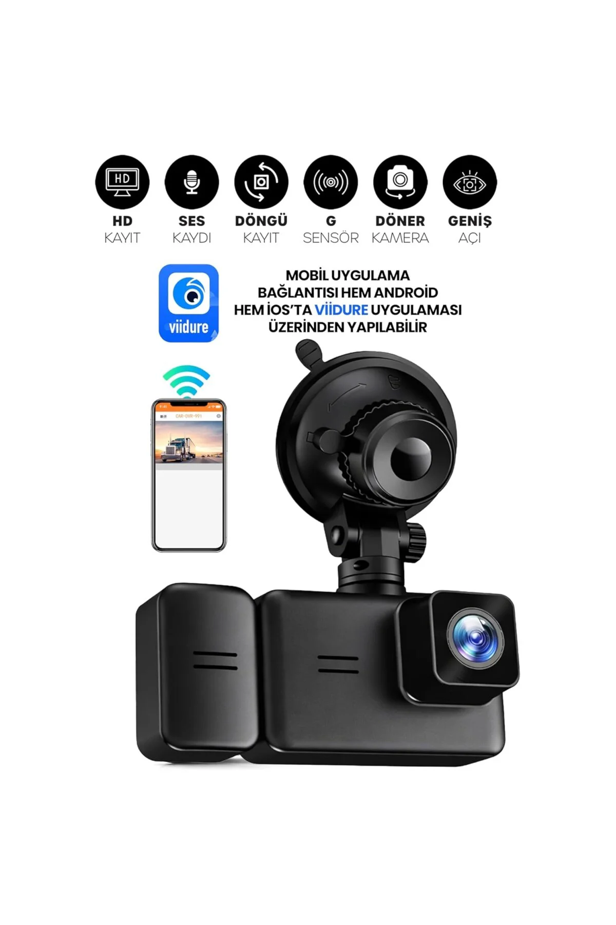 3 Kameralı Wifi Ekran Araç Kamerası FullHD Geniş Ön + Arka + Araç