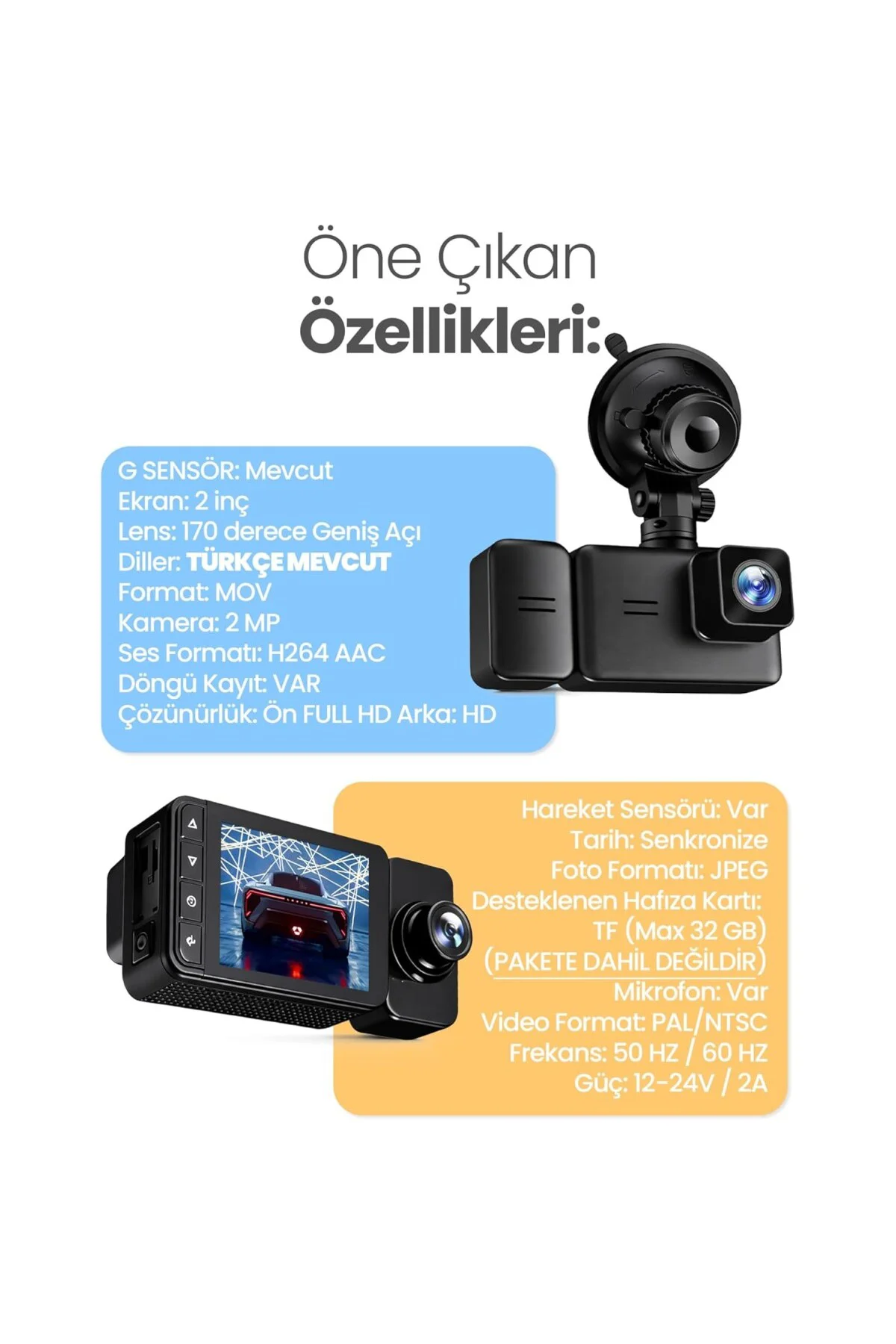 3 Kameralı Wifi Ekran Araç Kamerası FullHD Geniş Ön + Arka + Araç