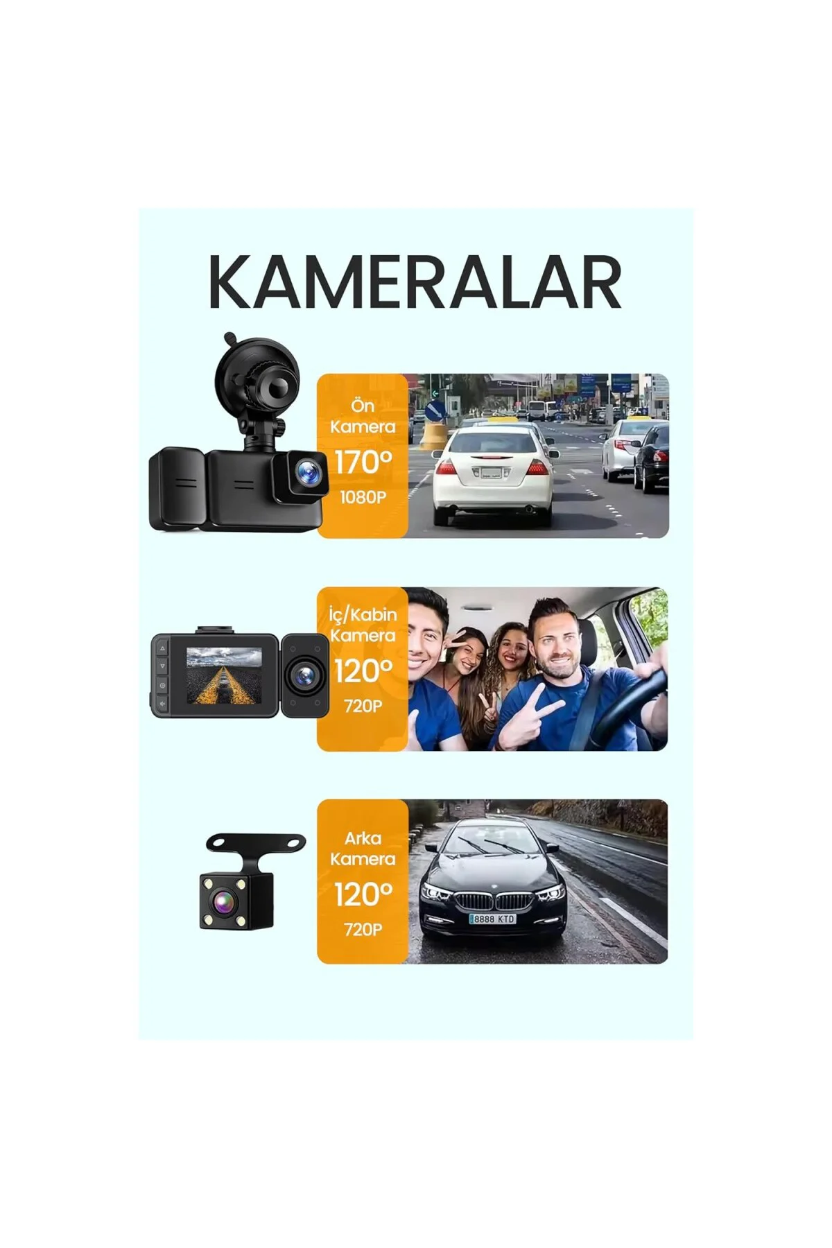 3 Kameralı Wifi Ekran Araç Kamerası FullHD Geniş Ön + Arka + Araç