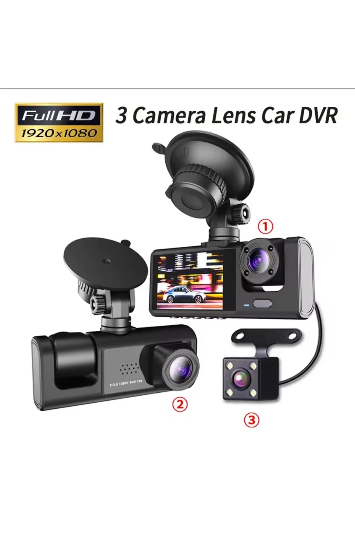 3 Kanal Araba DVR HD 1080P 3 Lensli Araç İçi KameraÜç Yönlü Kamera DVR araç kamera