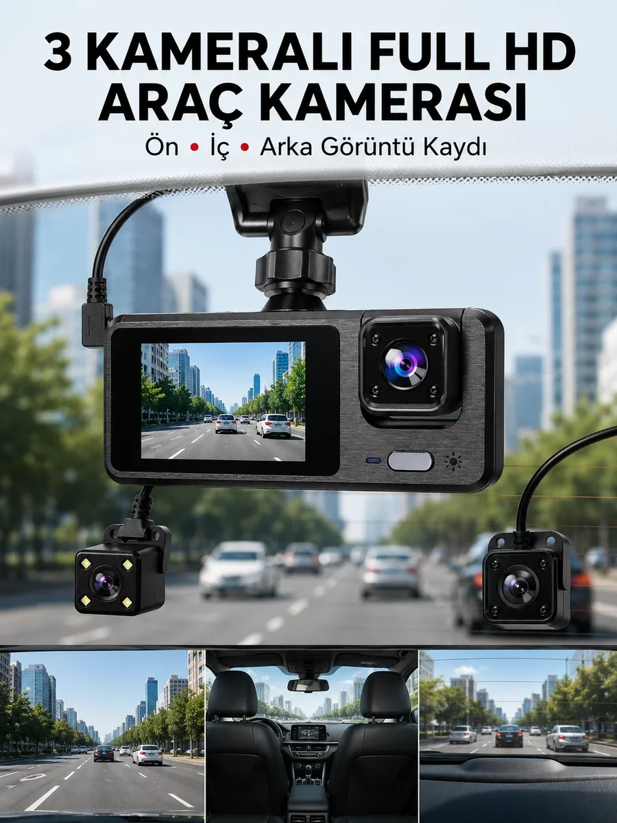 3 Kanallı Araç DVR Ön + İç + Arka Kamera 1080P Yüksek Güvenlik Yeni Nesil