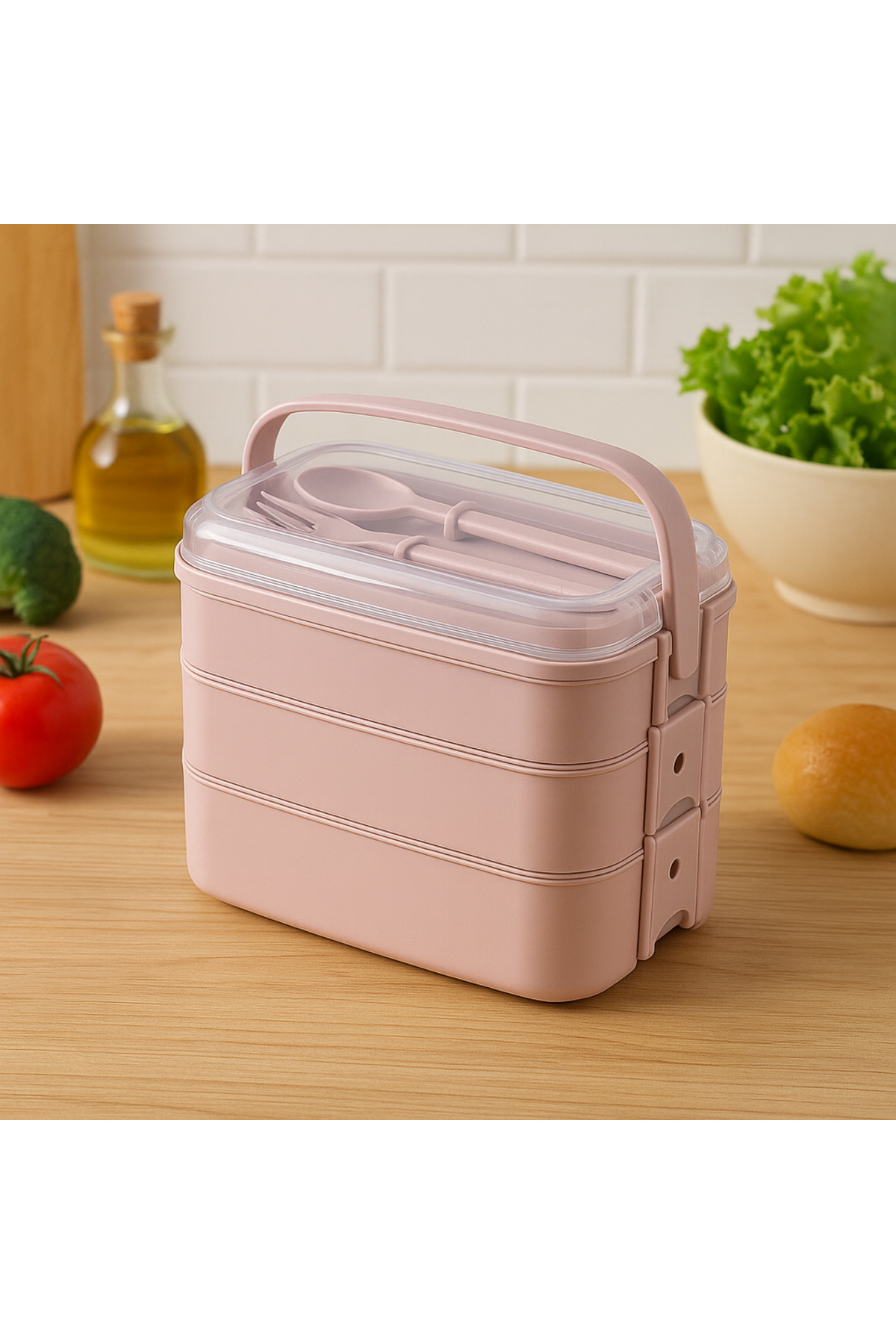 Pazar Kapısı 3 Katlı Beslenme Kutusu Yemek Taşıma Kabı Kaşık - Çatallı Sefer T