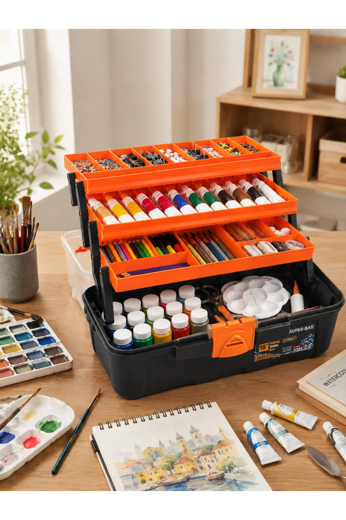 3 Katlı Hobi ve Sanat Malzemeleri Düzenleme Kutusu Boya Kalemi Marker Organizer Çantası 39x20x23,5 cm