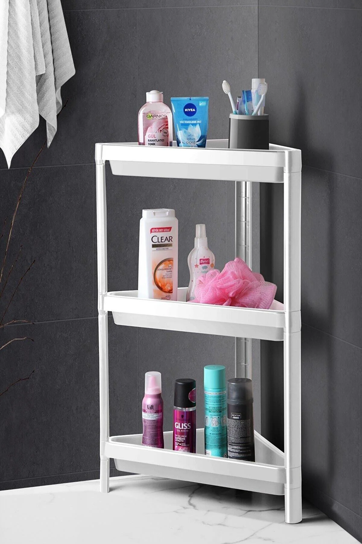 3 Katlı Köşeli Banyo Rafı Çok Amaçlı Beyaz Raf Ünitesi