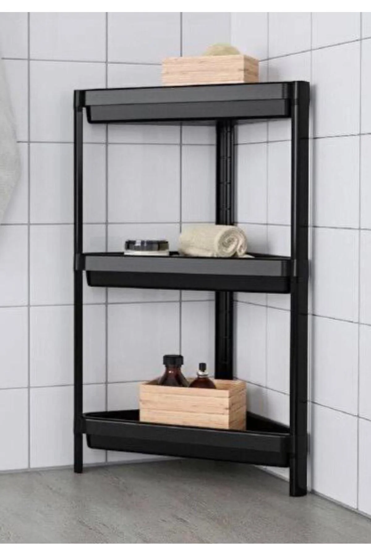 3 Katlı Köşeli Siyah Banyo Rafı