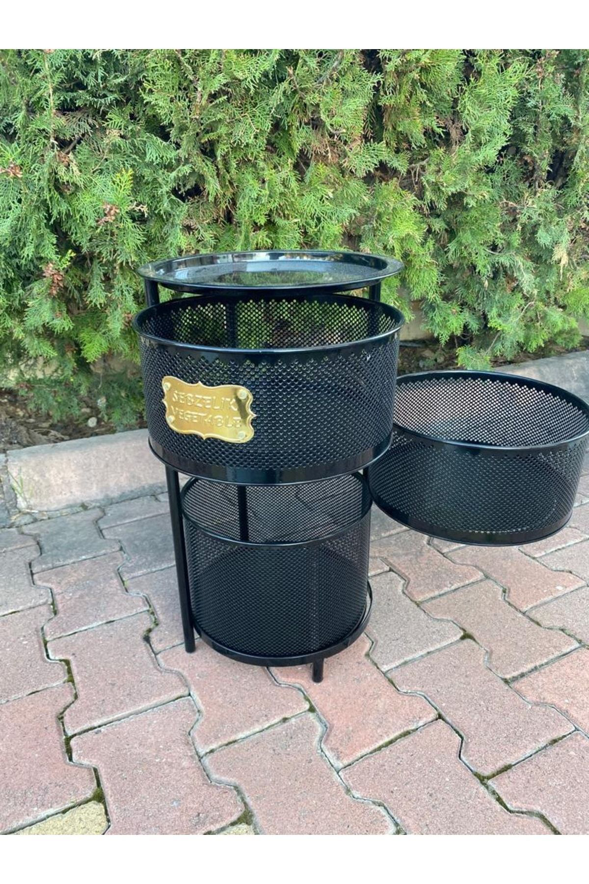 3 Katlı Metal Açılır Kapanır Paslanmaz Sebzelik Siyah