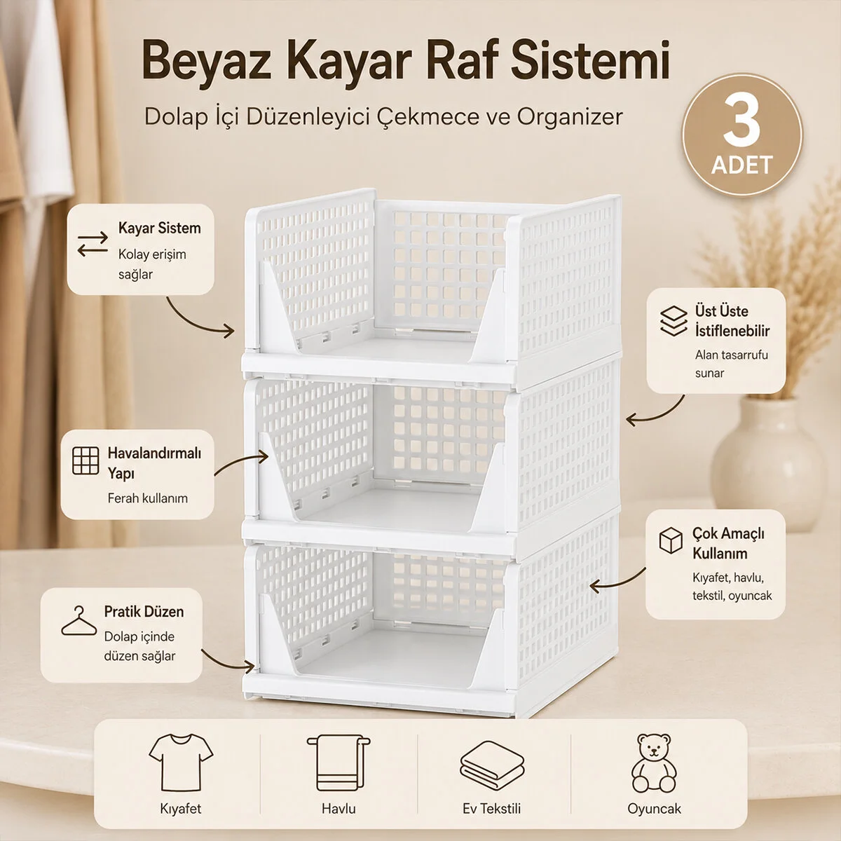 3 Katlı Portatif Organizer - Çok Amaçlı Kayar Raf 18.5X33.5X43CM Toplam 55.5CM