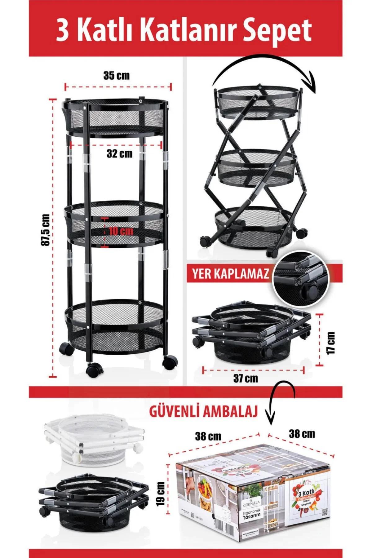 3 Katlı Pratik Katlanır Metal Siyah Renk Tekerlekli Çok Amaçlı Sepet
