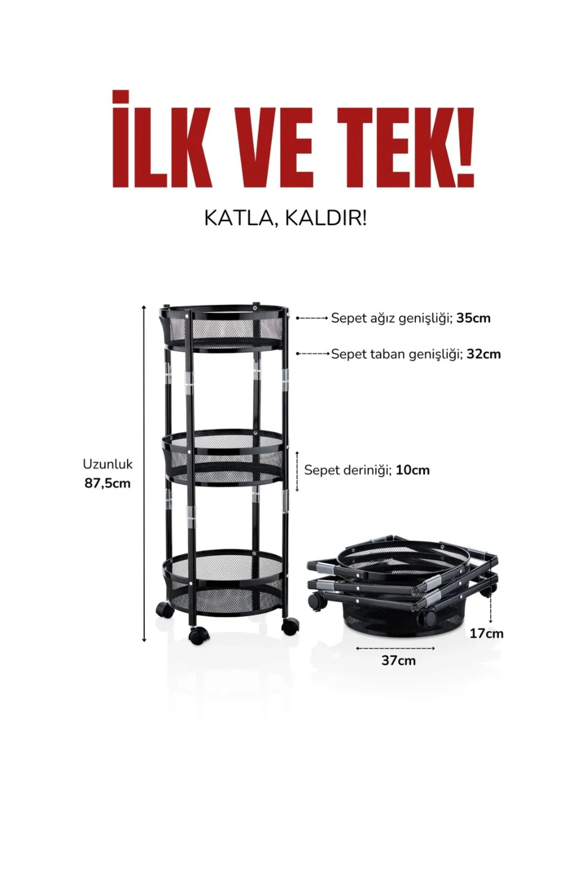 3 Katlı Pratik Katlanır Metal Siyah Renk Tekerlekli Çok Amaçlı Sepet