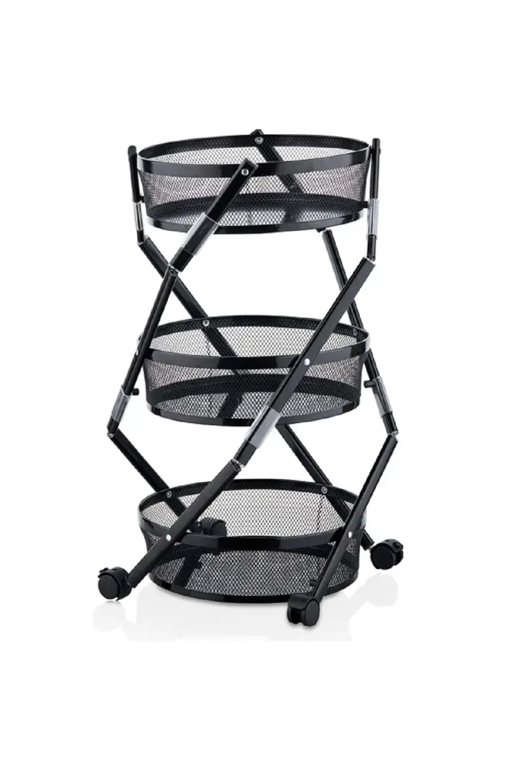 3 Katlı Pratik Katlanır Metal Siyah Renk Tekerlekli Çok Amaçlı Se