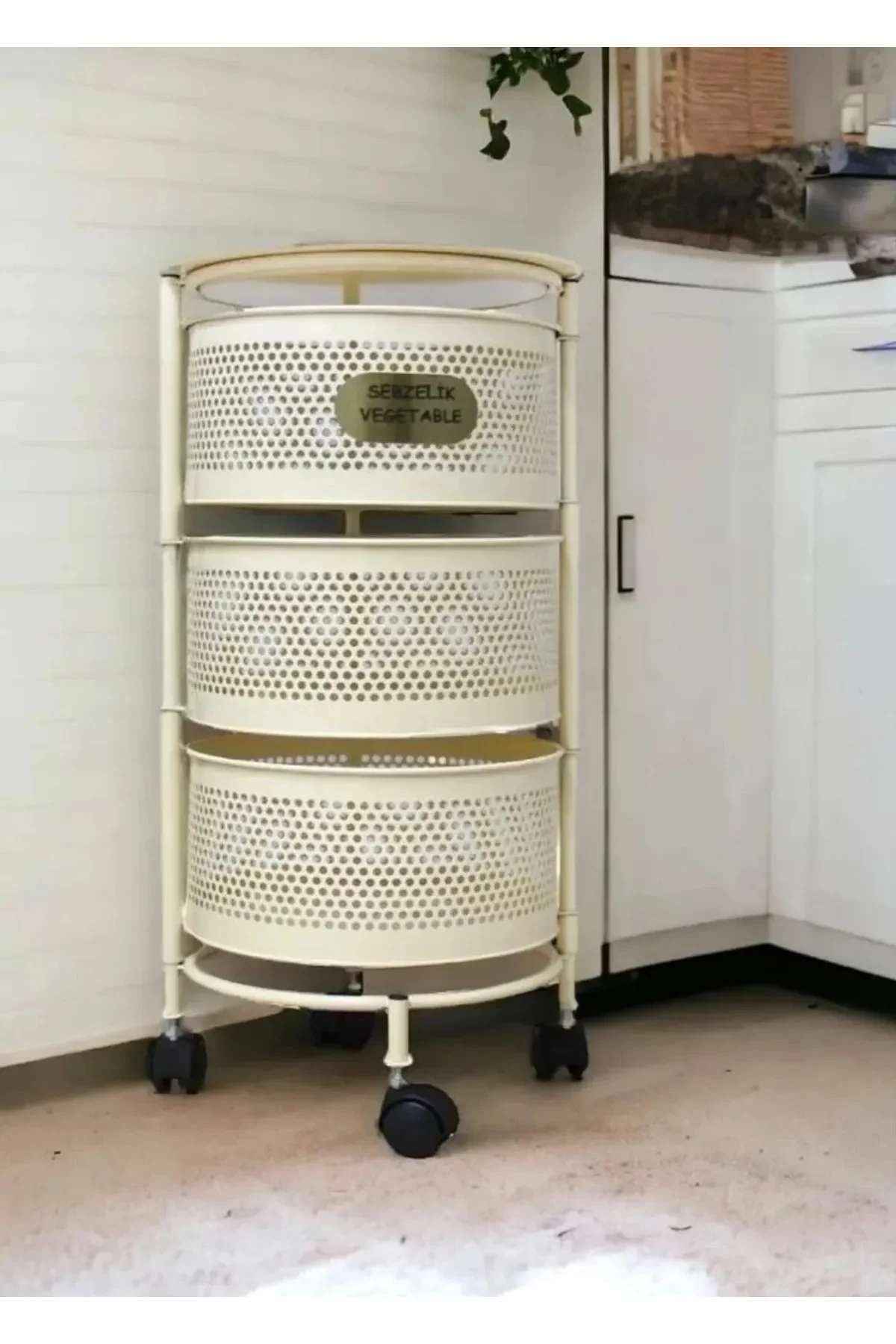 3 Katlı Yana Açılır Krem Tekerlekli Patates Soğan Sepeti Sebze Me