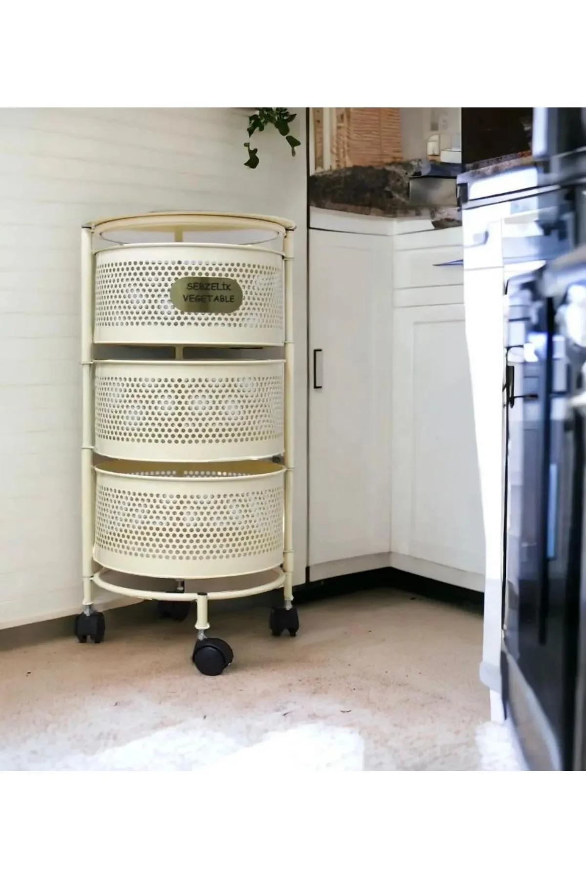 3 Katlı Yana Açılır Krem Tekerlekli Patates Soğan Sepeti Sebze Me
