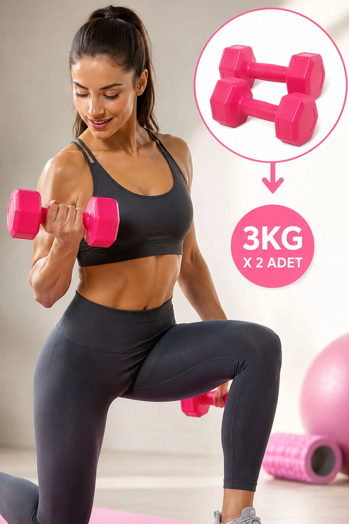 3 Kg x 2 Adet Siyah Plastik Dambıl Seti Toplam 2 Kg El Ağırlığı F