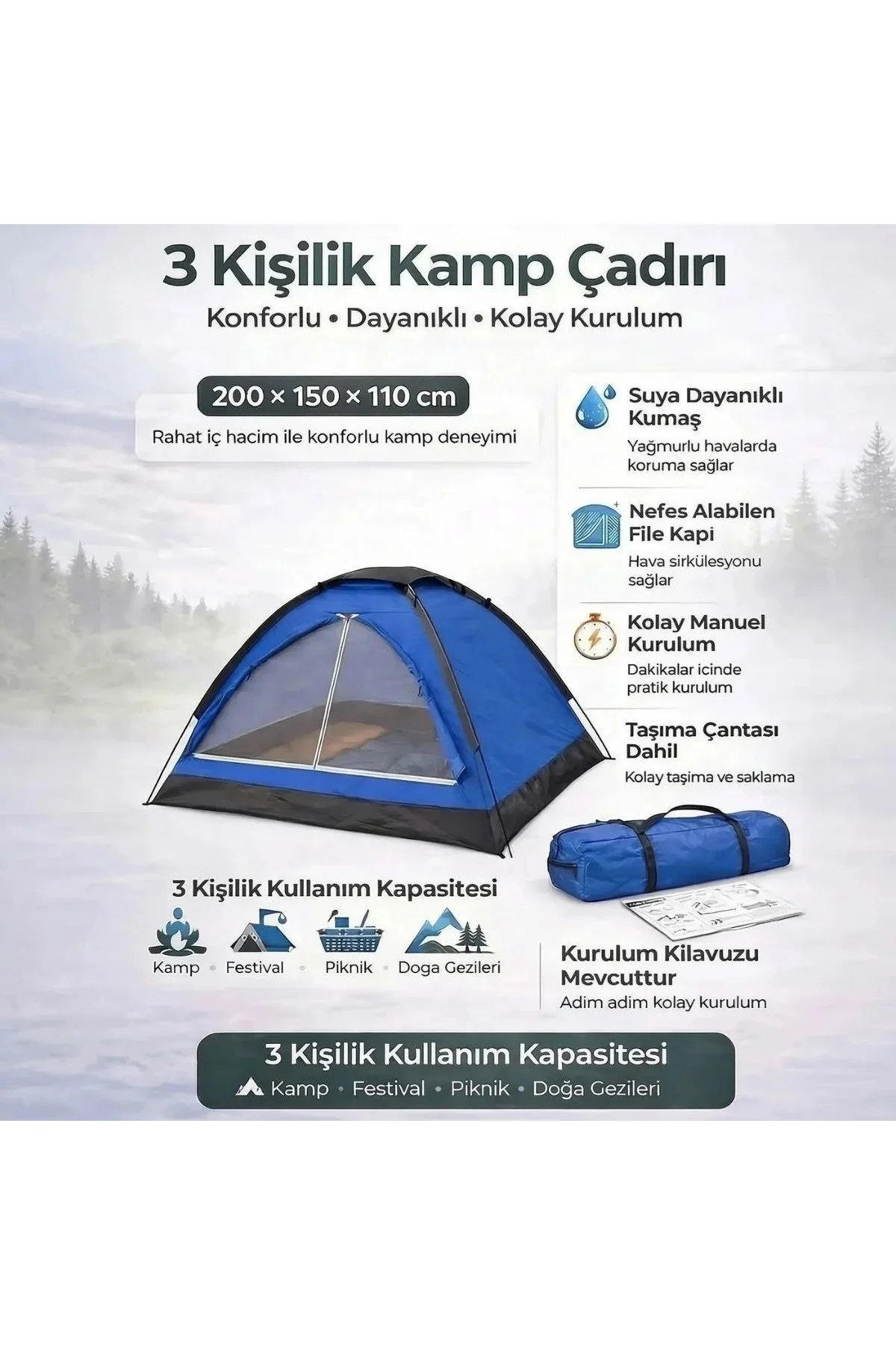 3 Kişilik Manuel Kamp Çadırı – Düz Kapılı Outdoor Aile, Doğa, Piknik ve Kamp Çadırı 200x150x110 cm 3 Kişilik Manuel Kamp Çadırı – Düz Kapılı Outdoor Aile, Doğa, Piknik ve Kamp Çadırı 200x150x110 cm