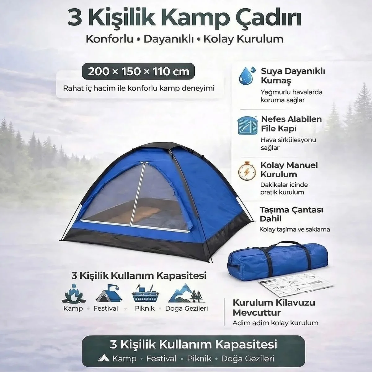 3 Kişilik Manuel Kamp Çadırı – Düz Kapılı Outdoor Aile, Doğa, Piknik Ve Kamp Çadırı 200x150x110 Cm Bx40 Fiyatı, Yorumları ve Özellikleri
